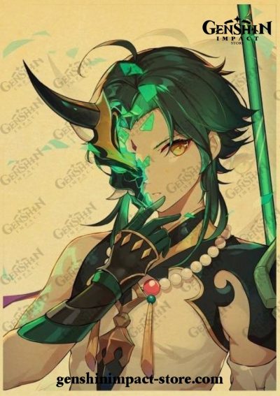 Zhongli Mask Genshin Impact Vintage Kraft Paper Poster