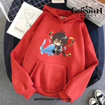 Genshin Impact Cute Zhong Li Hoodie Red / M