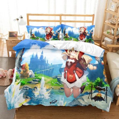 Bedding Set Genshin Impact Game Kids Blue 3d