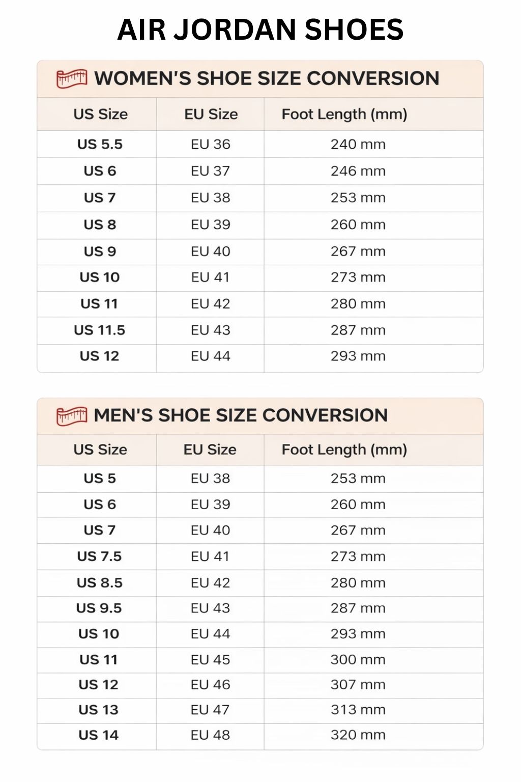 Air Jordan High Low Top Shoes Size Chart - Genshin Impact Store
