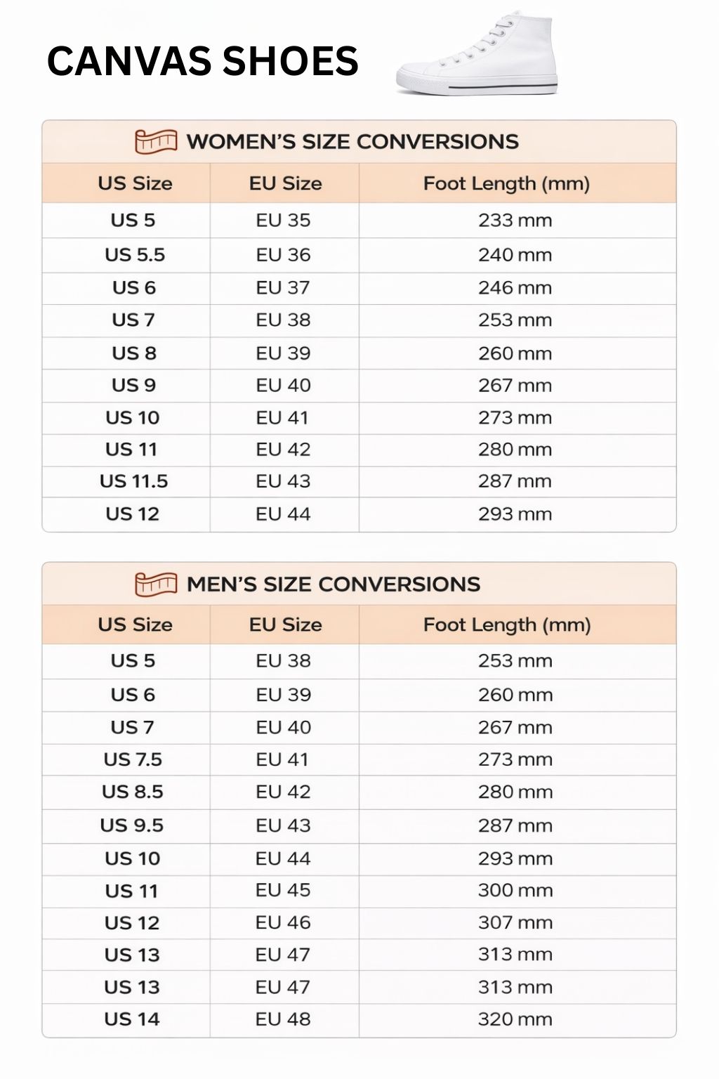 High Top Canvas Shoes Size Chart - Genshin Impact Store